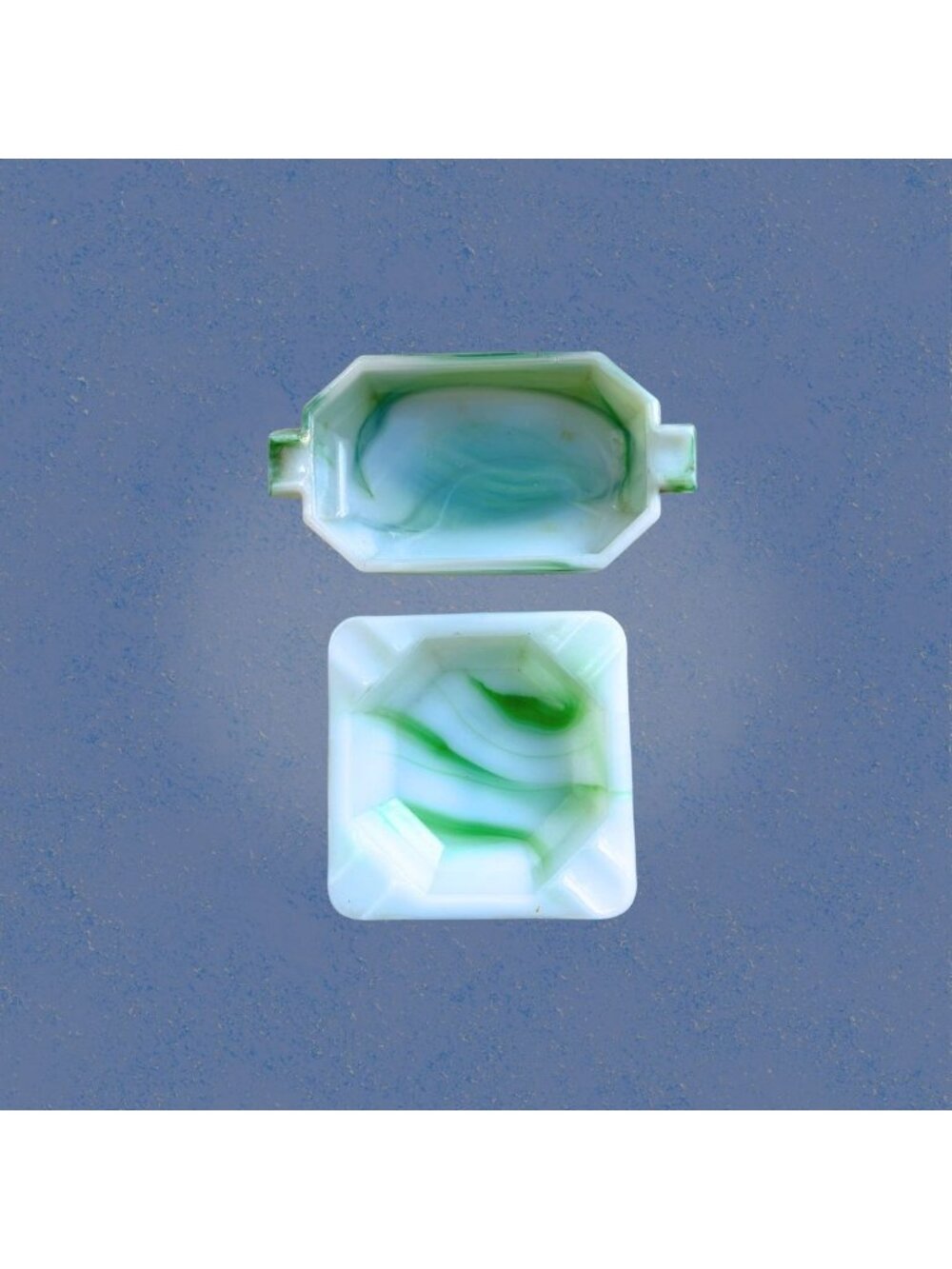 Lot of 2 Akro Agate Green White Marbled Slag Glass Ashtrays Art Deco 1930s–40s S
